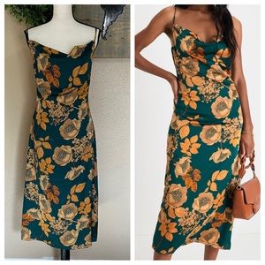 NWOT Lulus Favorite Icon Green Floral Satin Cowl Neck Slip Midi Dress
